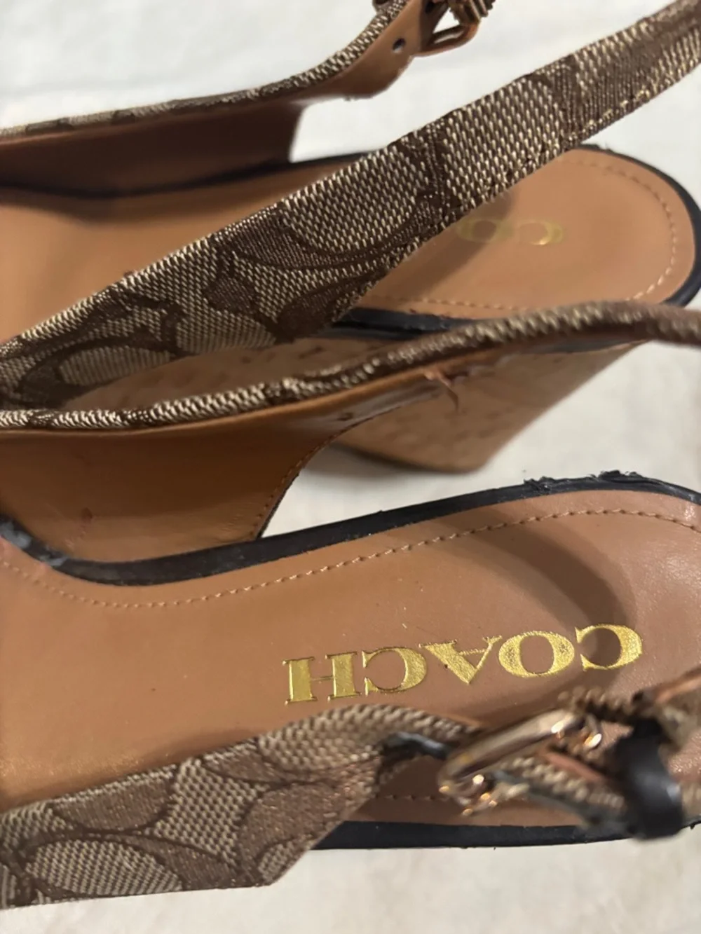 COACH Brown Signature Canvas Peep-Toe Slingback Wedges - Picture 3 of 7